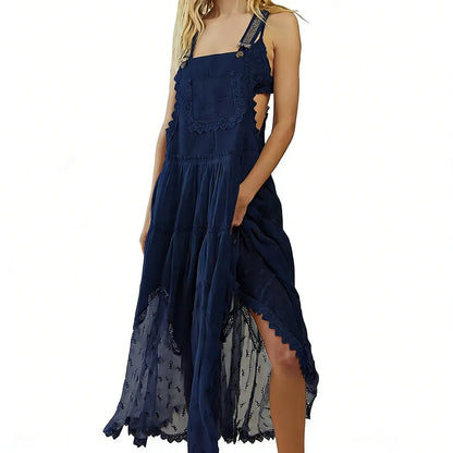 Women's Basic Minimalist Sleeveless Laced Embroidered Tulle Bib Dress