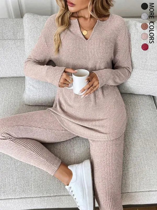 2pcs/Set Women's Plush Rib-Knit Leggings Suit