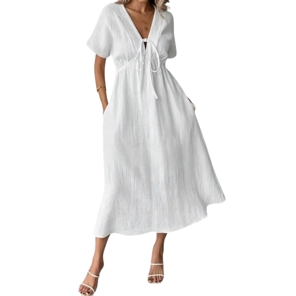 Women's Summer Solid Color V-Neck Cotton Dress