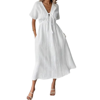 Women's Summer Solid Color V-Neck Cotton Dress