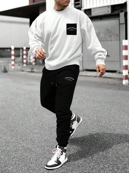Two-Piece Set Men's Patchwork Drop Shoulder Pocket Sweatshirt & Letter Print Drawstring Sweatpants
