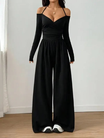 Women's Solid Color Off-Shoulder Ruched Wide Leg Casual Jumpsuit