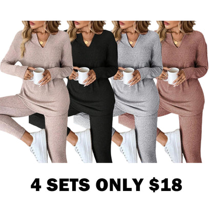 2pcs/Set Women's Plush Rib-Knit Leggings Suit