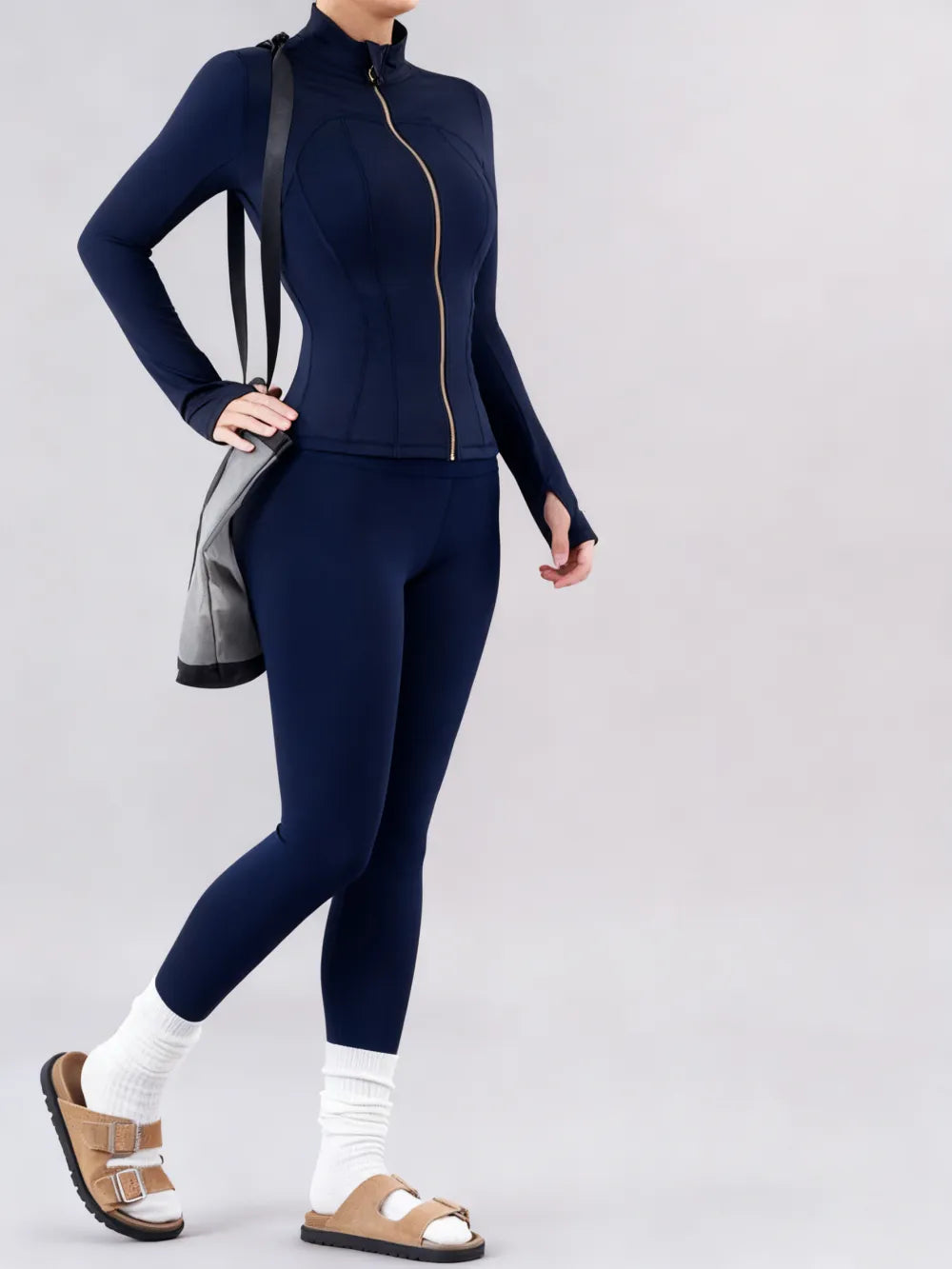 Solid Zip Up Jacket & High Waist Leggings Tracksuit Set