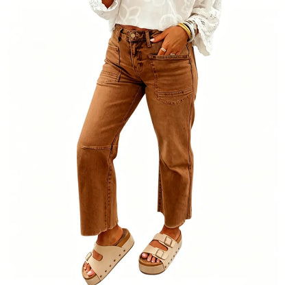 Women's Frayed Cropped Straight Jeans with Pockets