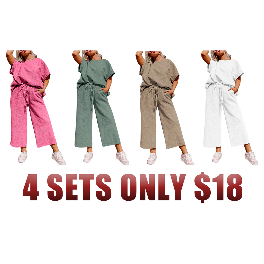 Women's Plus Size Short Sleeve Top & High Waist Wide Leg Pants 2-Piece Lounge Set