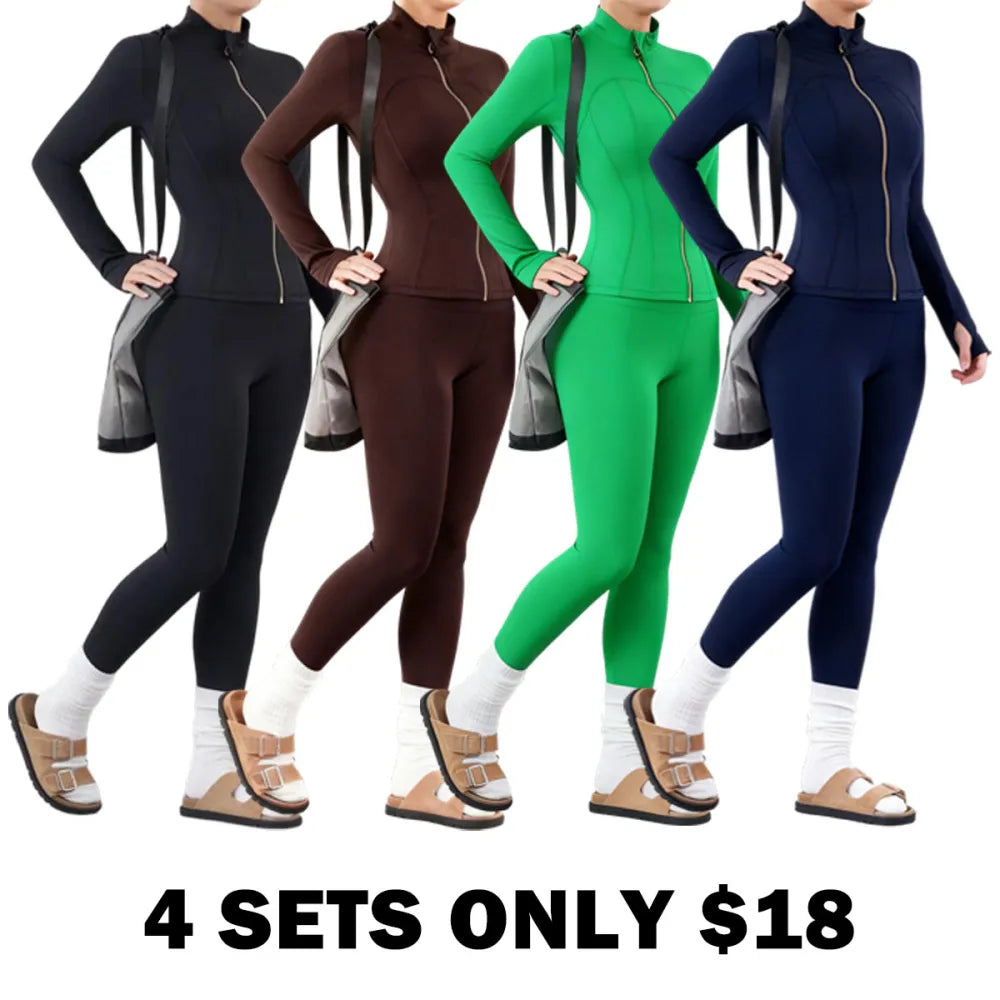 Solid Zip Up Jacket & High Waist Leggings Tracksuit Set