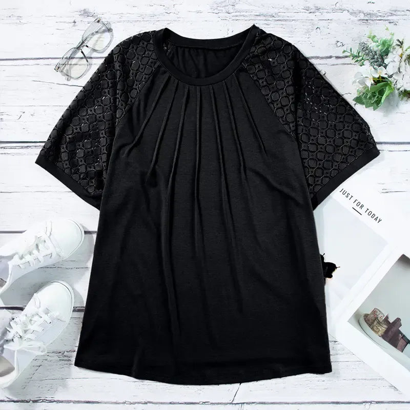 Plus Size Tops for Women Summer Lace Short Sleeve Crewneck