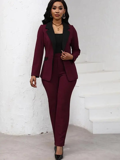 Women's Colorblock Blazer & Straight Leg Pants Set Suits