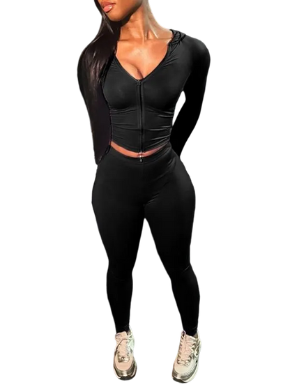 Zip Up Crop Top & High Waist Leggings Two-piece Set