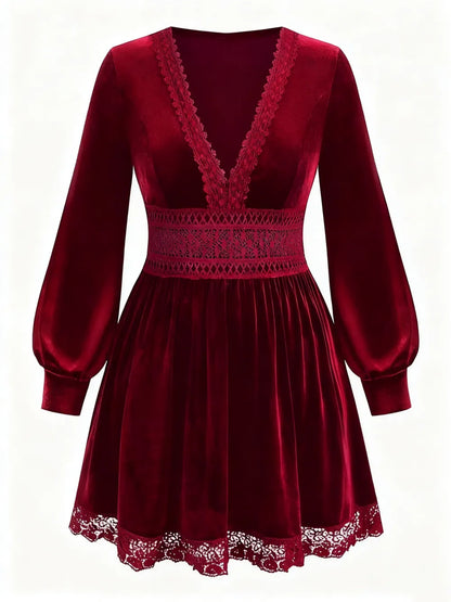 Velvet Lace Patchwork Lantern Sleeve Long Dress