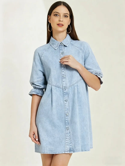 3/4 Lantern Sleeve Babydoll Mini Jean Denim Shirt Dress