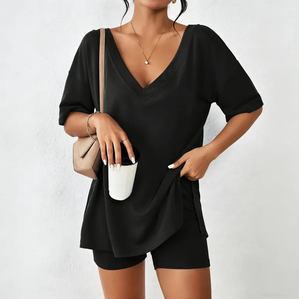 Women's Two-Piece Pajama Set Casual Oversized V Neck Split Hem Shirts