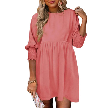 Women's Black Crew Neck Short Sleeve Flowy Swing Mini Tunic Dress