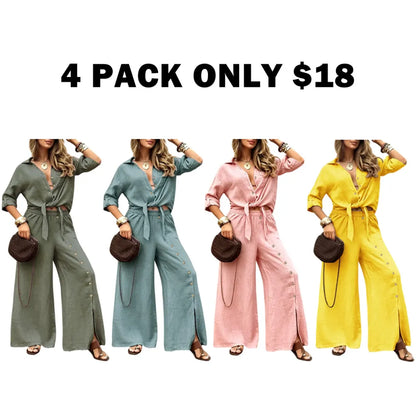 Women's Long Sleeve Loose Fit Shirt Set with Tie Hem