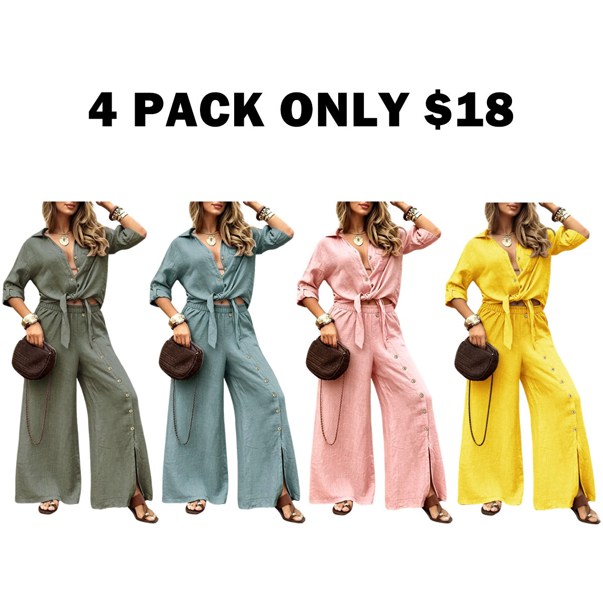 Women's Long Sleeve Loose Fit Shirt Set with Tie Hem