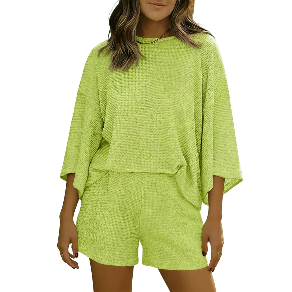 Womens Short Sets 2 Piece Sleeve Tops and Elastic Waist Shorts