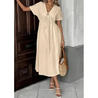 Women's Summer Solid Color V-Neck Cotton Dress
