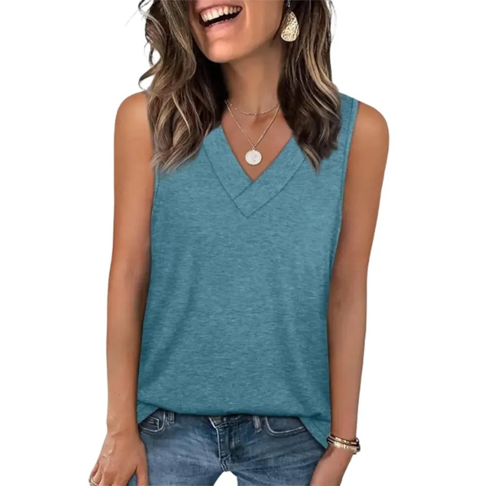 Women's Summer V-Neck Tank Top – Loose Fit, Sleeveless, Basic Tee