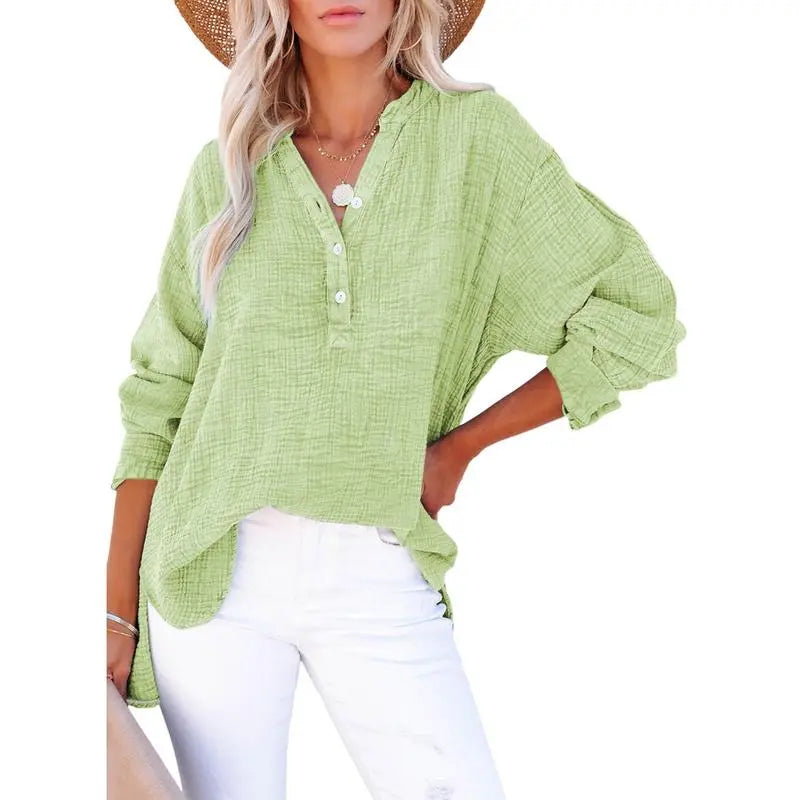 Women's Casual Button V Neck Long Sleeve Shirts