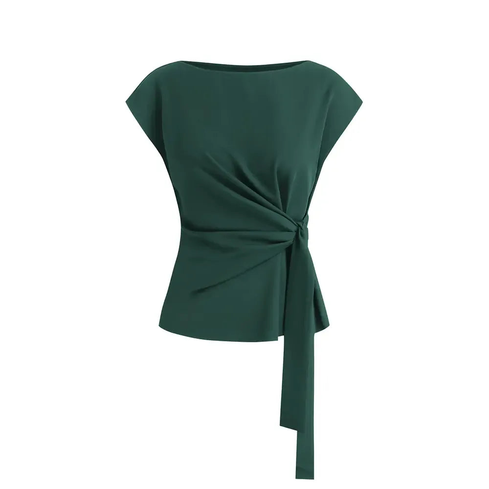 Womens Tops  Cap Sleeve Crew Neck Tie Waist Blouses