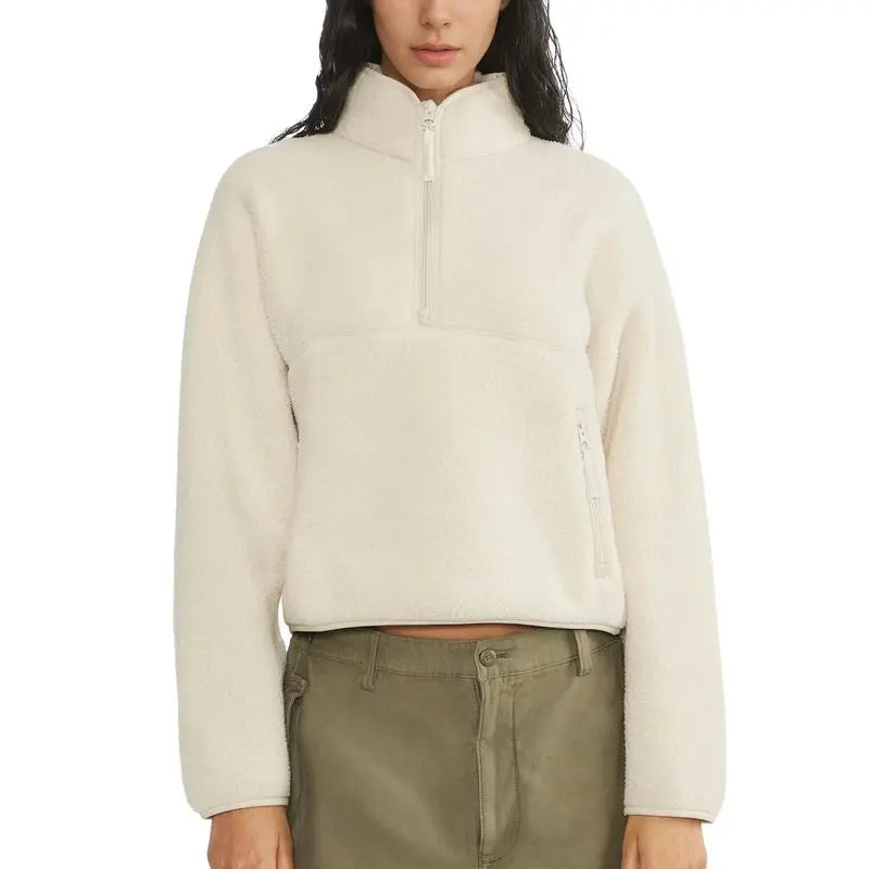 Women’s Fleece Cropped Pullover – Half Zip Sherpa Jacket with Pockets