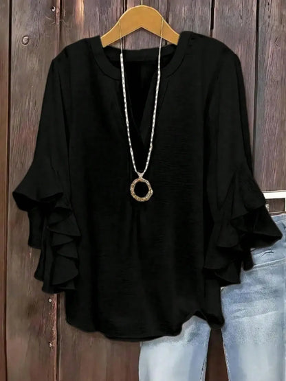 Plus Size Women's Ruffle Sleeve Notched-Neck Fitted Blouse