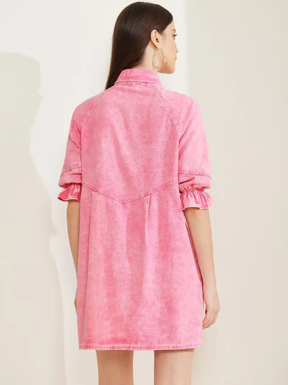 3/4 Lantern Sleeve Babydoll Mini Jean Denim Shirt Dress