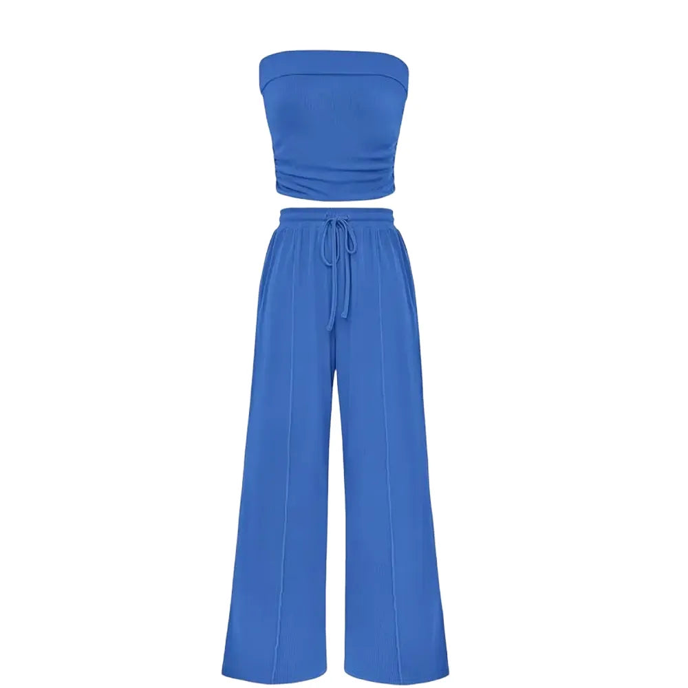 Women's Summer Outfits 2 Piece Sets Casual Ribbed Knit Crop Top & Wide Leg Pants