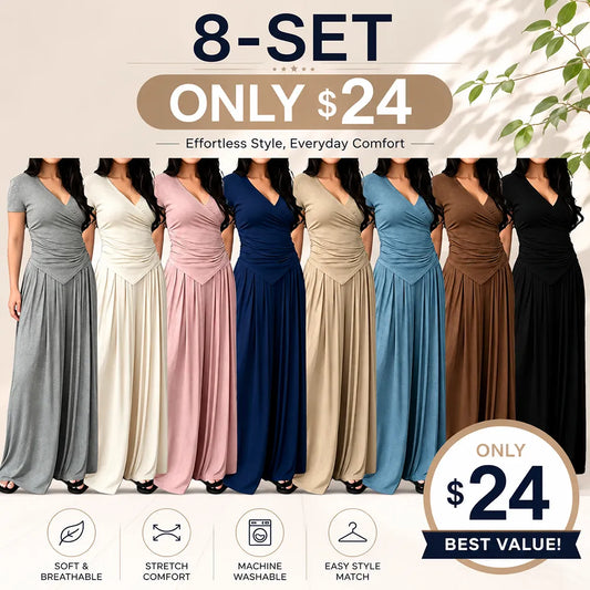 V Neck Wrap Top & High Waist Wide Leg Pants Set