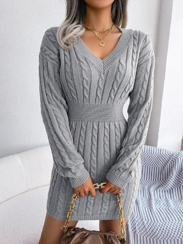 Women's Cable Knit Sweater Dress With V Neck