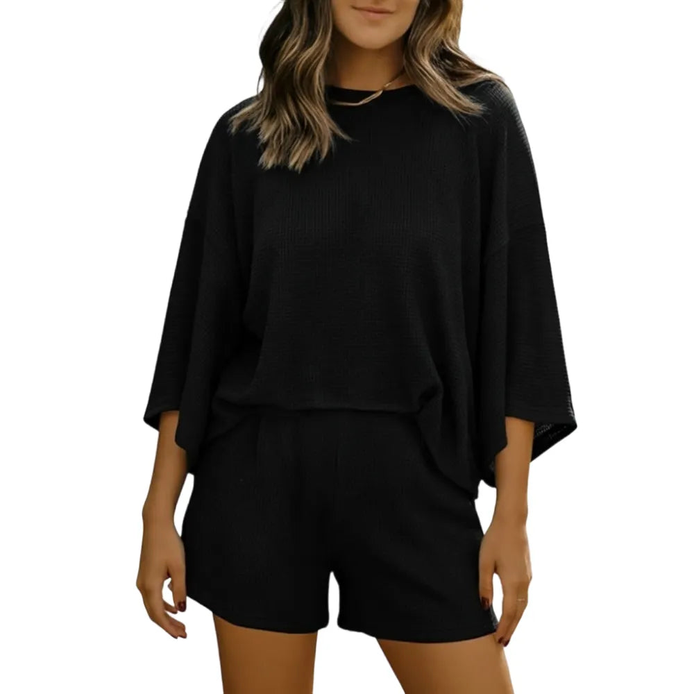 Womens Short Sets 2 Piece Sleeve Tops and Elastic Waist Shorts