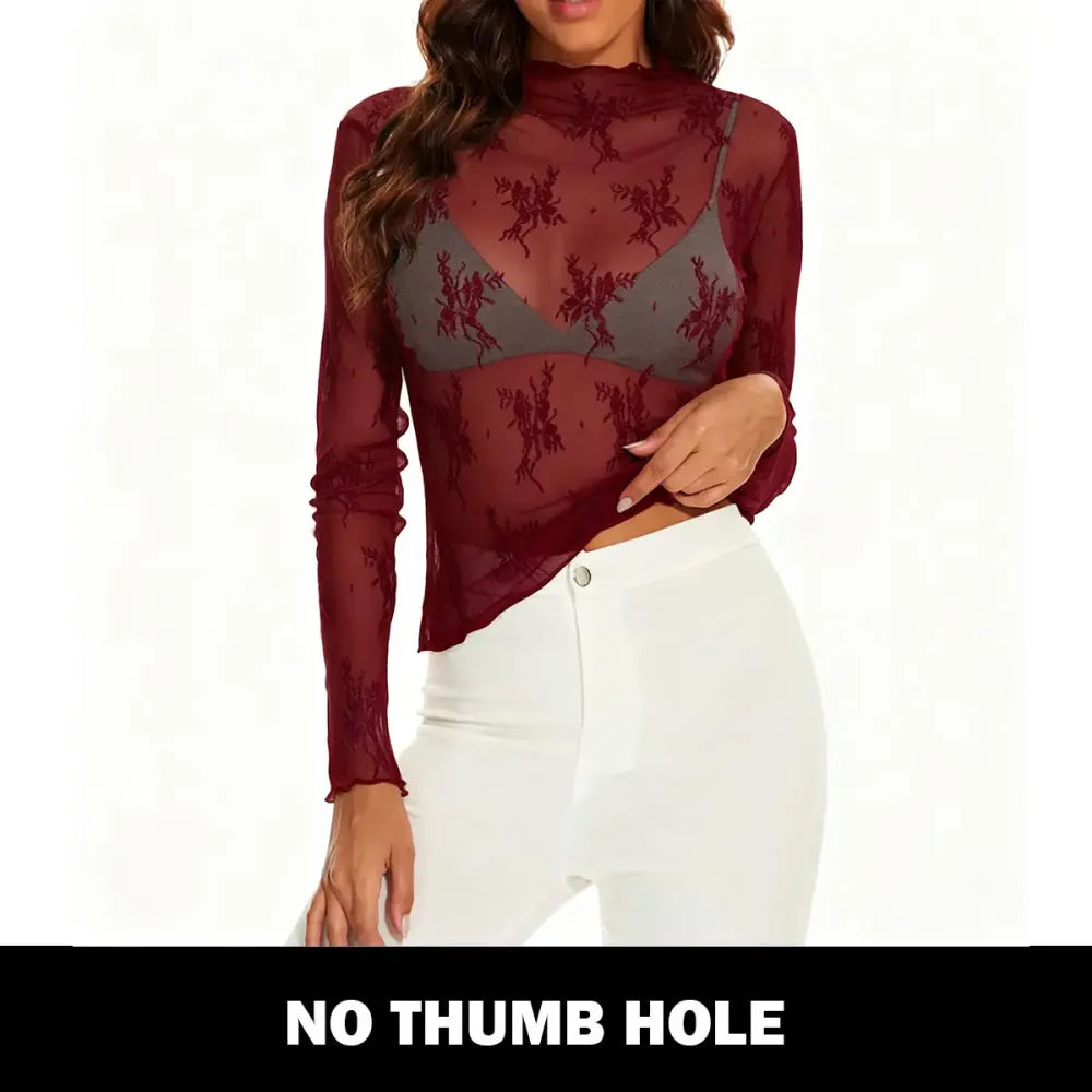 Women‘s Mesh Tops Lace Spring Long Sleeve Shirts