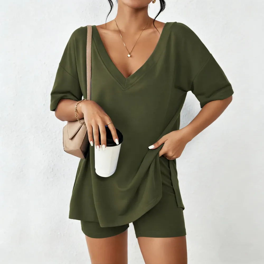 Women's Two-Piece Pajama Set Casual Oversized V Neck Split Hem Shirts