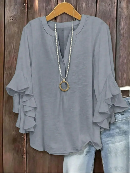 Plus Size Women's Ruffle Sleeve Notched-Neck Fitted Blouse