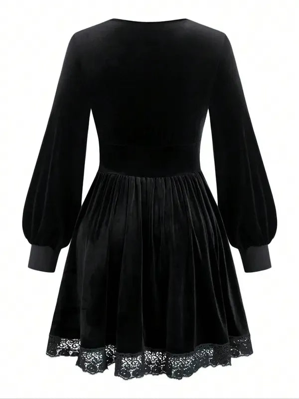 Velvet Lace Patchwork Lantern Sleeve Long Dress