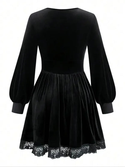 Velvet Lace Patchwork Lantern Sleeve Long Dress