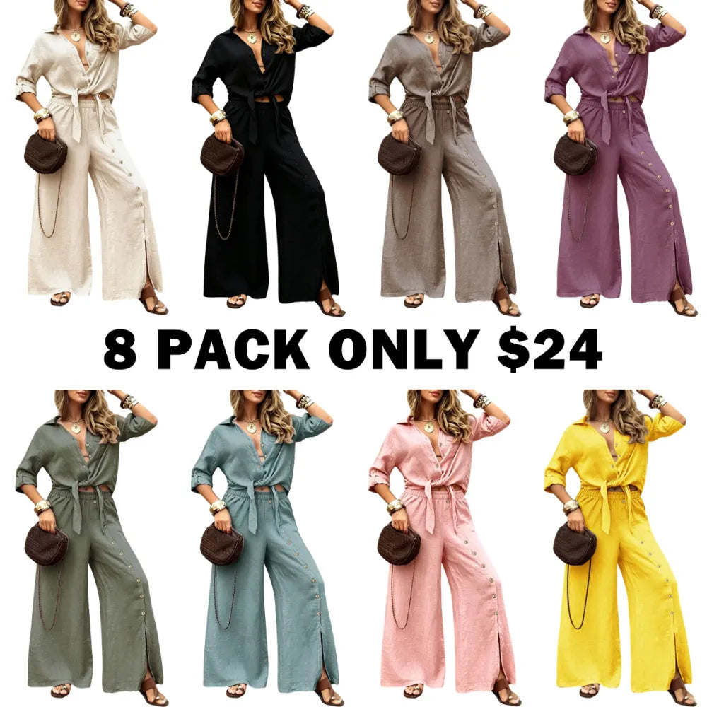 Women's Long Sleeve Loose Fit Shirt Set with Tie Hem