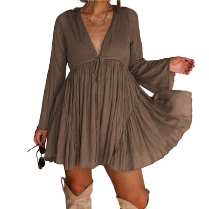 Women's V Neck Long Sleeve Mini Dress