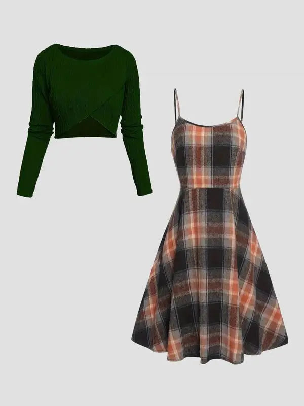 Women's Long Sleeve Crop Top & Plaid Print A-Line Dress Set