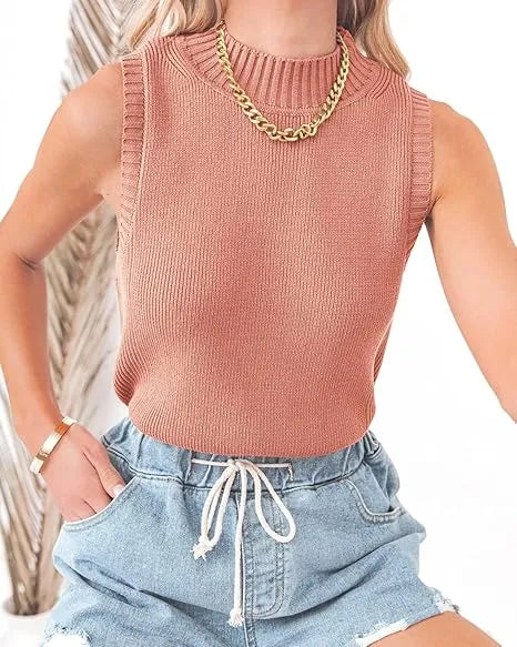 Women Knit Tank Tops Sleeveless Turtleneck Cami Shirts Sweater Vests