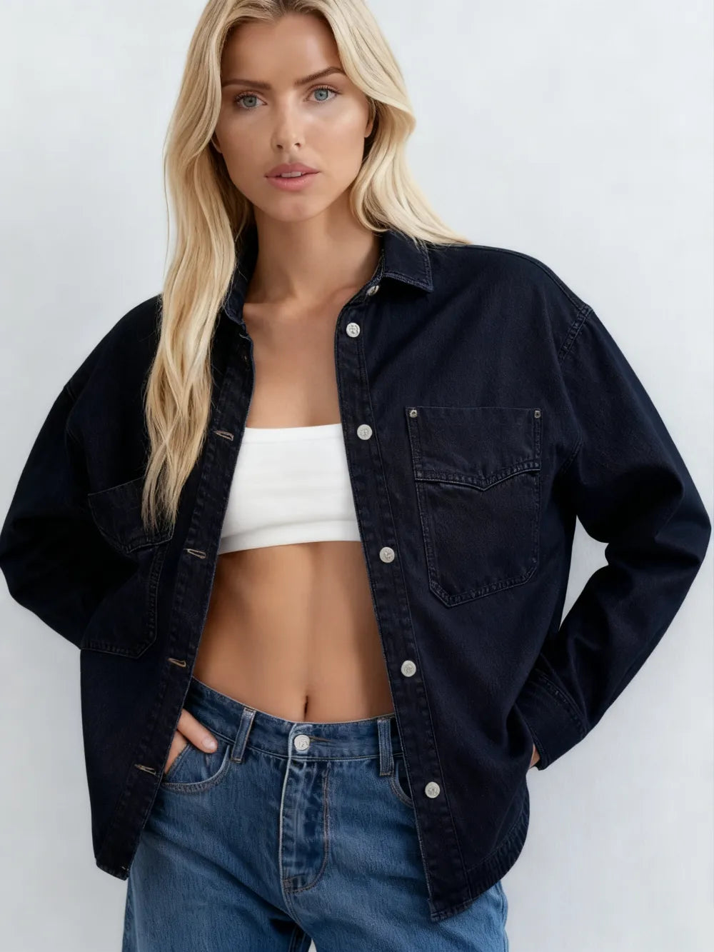 Women's Plain Button Front Drop Shoulder Curved Hem Denim Jacket