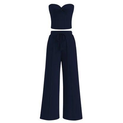 Women Summer Ribbed Strapless Twist Knot Tube Top Pants Set