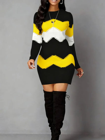 Vintage Geometric Print Casual Long Sleeve Dress