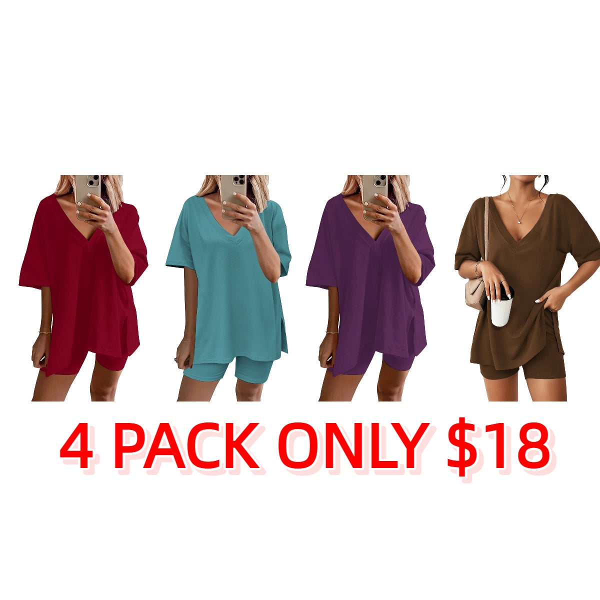 Women's Two-Piece Pajama Set Casual Oversized V Neck Split Hem Shirts