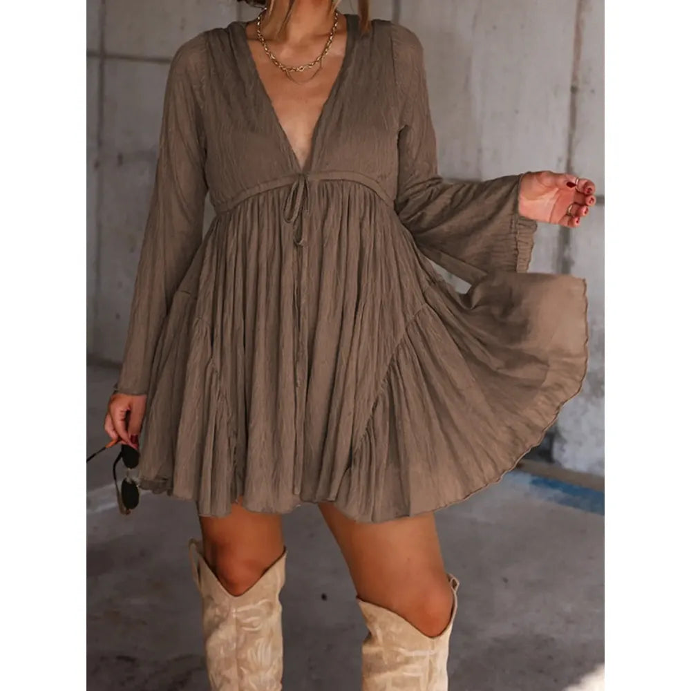 Women's V Neck Long Sleeve Mini Dress