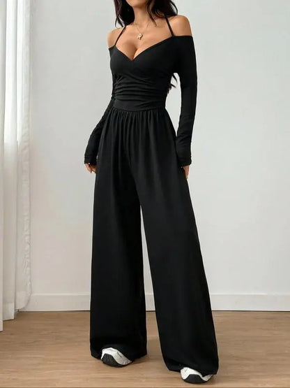Women's Solid Color Off-Shoulder Ruched Wide Leg Casual Jumpsuit