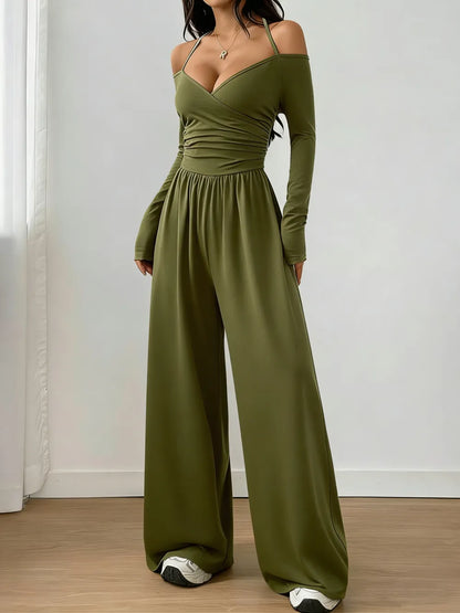 Women's Solid Color Off-Shoulder Ruched Wide Leg Casual Jumpsuit