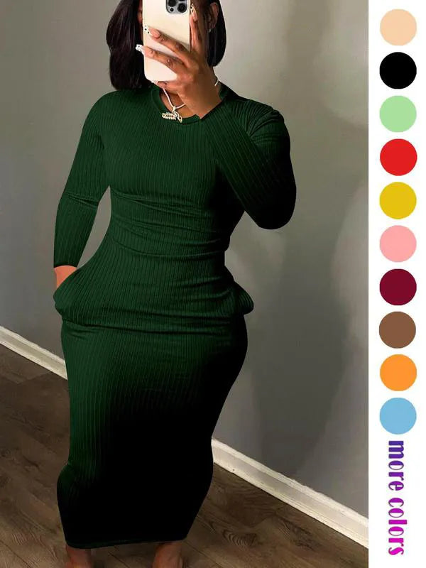 Women's Solid Pocket Long Sleeve Bodycon Dress