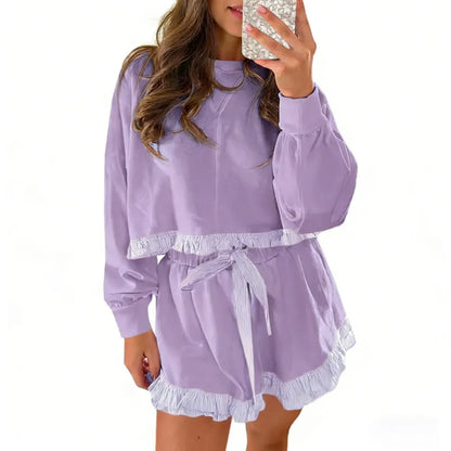 Women's 2 Piece Lounge Sets Ruffle Color Block Cropped Sweatshirts